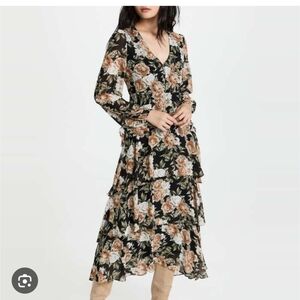 En Saison Floral Long Sleeve Dress Black Cream Brown